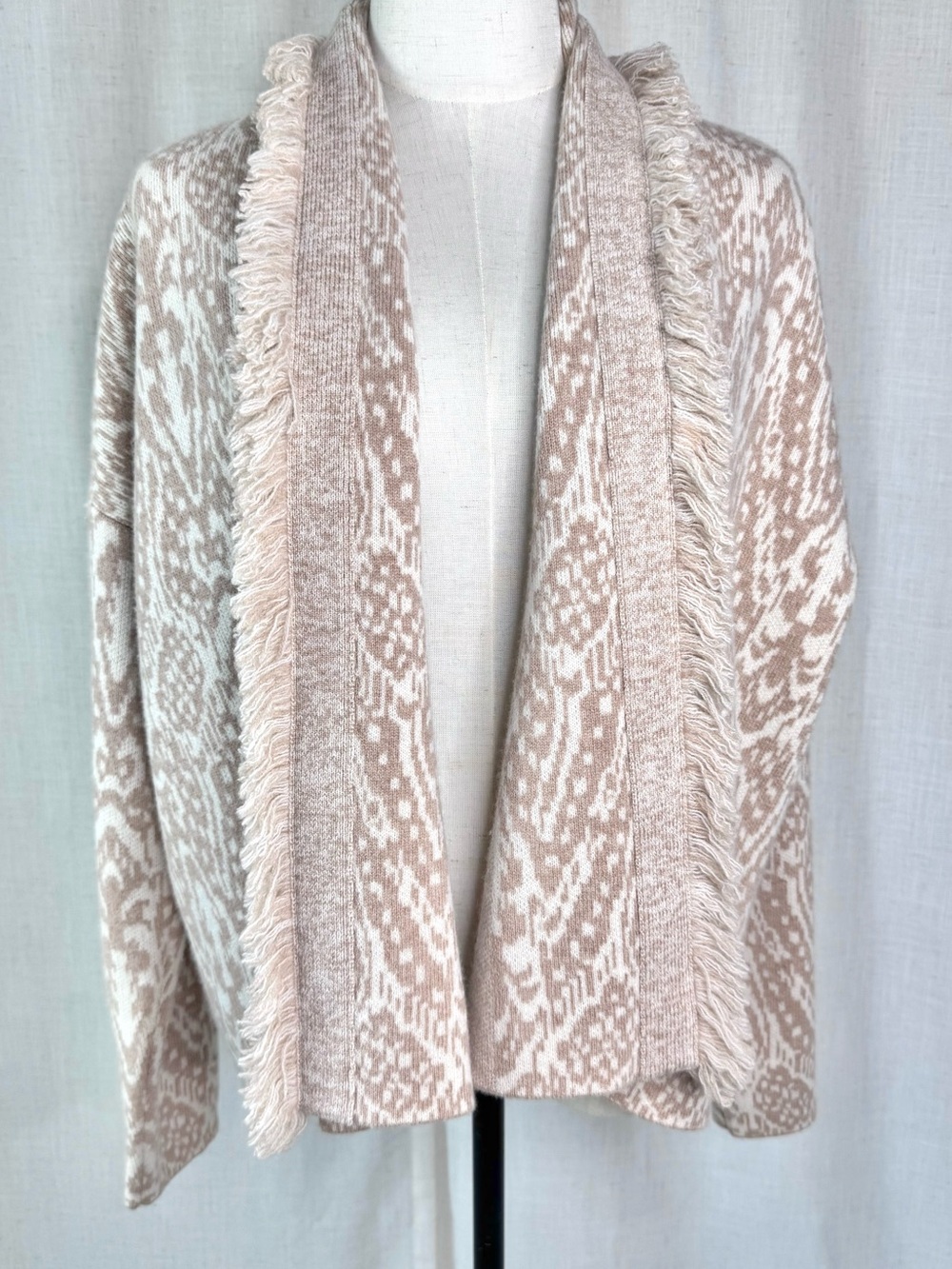 INTERMIX Simone Fringed Jacquard Wool Cashmere Cardigan Beige Size XS